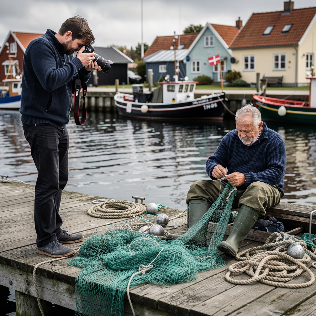 Documentary photographer photographing an elderly fisherman mending nets in a Danish harbour village