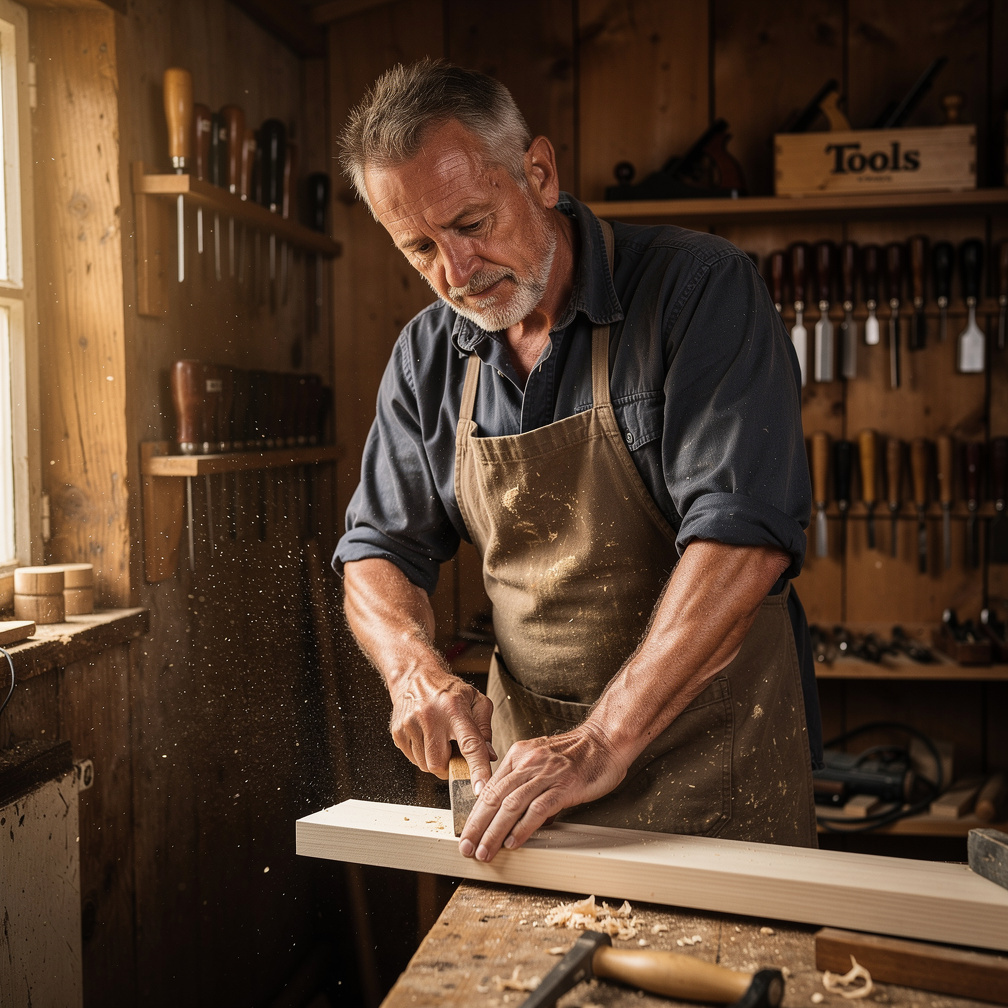 Danish male craftsman working with wood in a small workshop