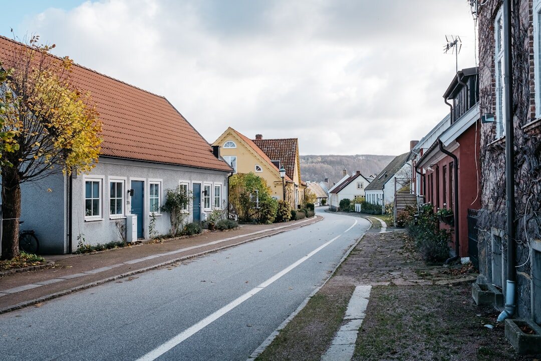 Historic street in a small Danish provincial town with colourful houses