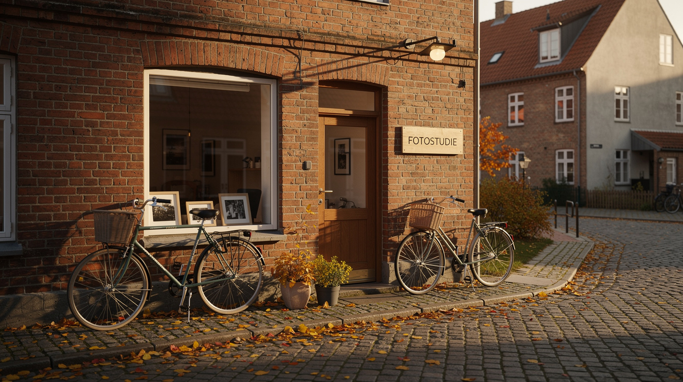 Exterior of a small Nordic studio building on a cobbled street in autumn
